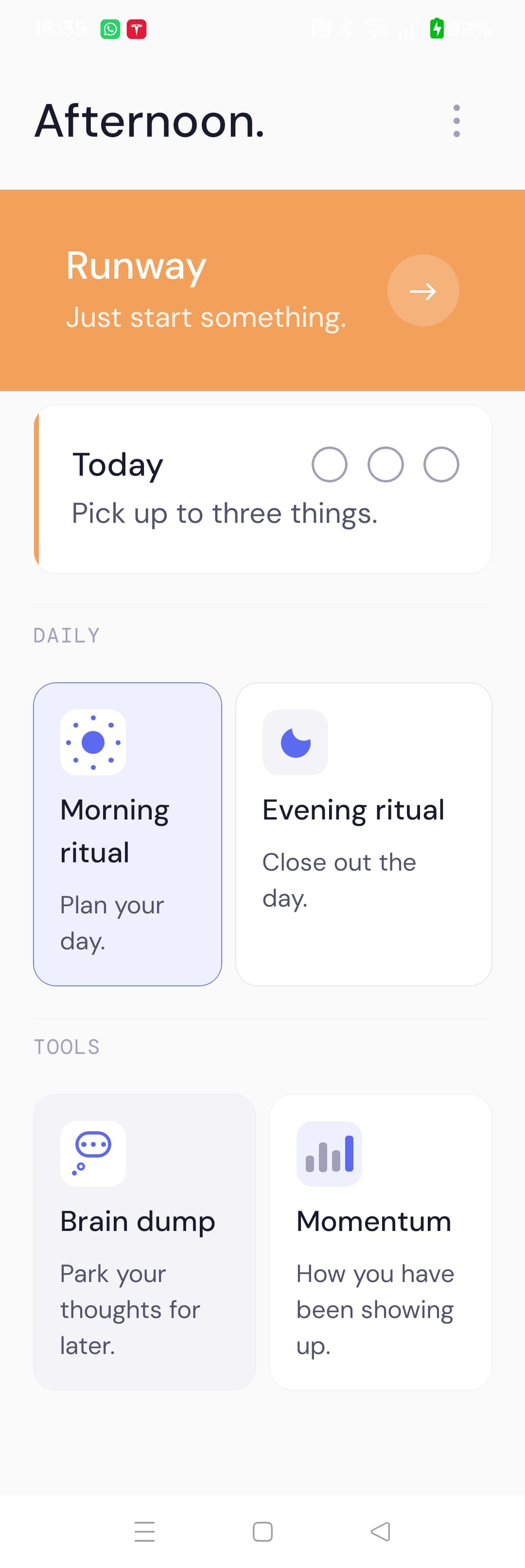 Again home screen with Runway and daily support tools