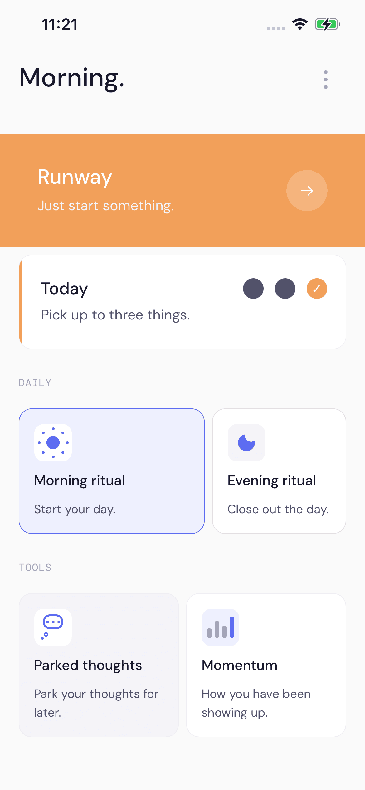 Again app home screen with Runway and daily support tools